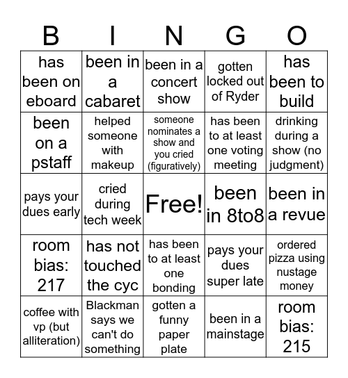 NUStage Bingo Card