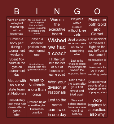 Women’s Club Volleyball Bingo! Bingo Card