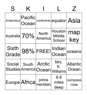 Sixth Grade Map Skills Bingo Card