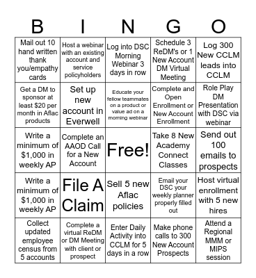 Aflac Activity for Week # _____ Bingo Card