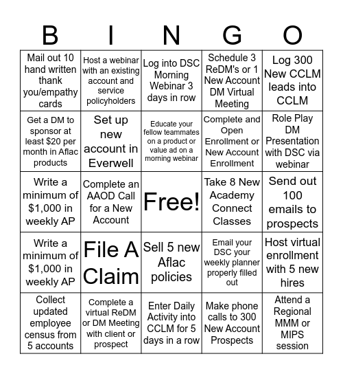 Aflac Activity for Week # _____ Bingo Card