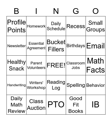 Back to School Night Bingo Card