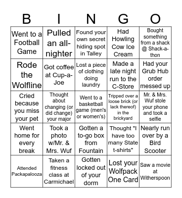 NC State First Year Bingo Card