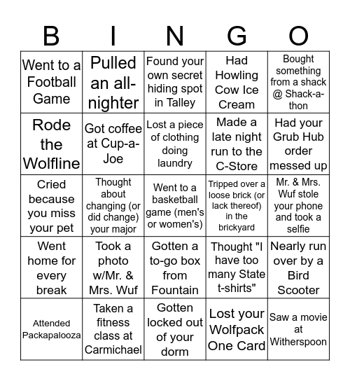 NC State First Year Bingo Card