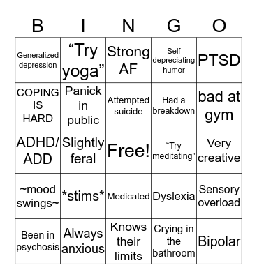 Nuerodivergent bingo Card