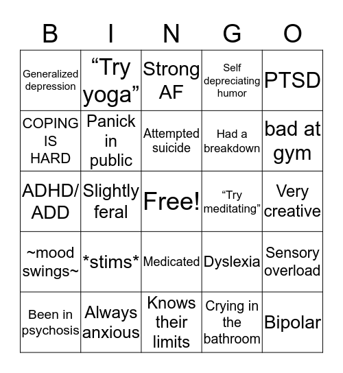 Nuerodivergent bingo Card