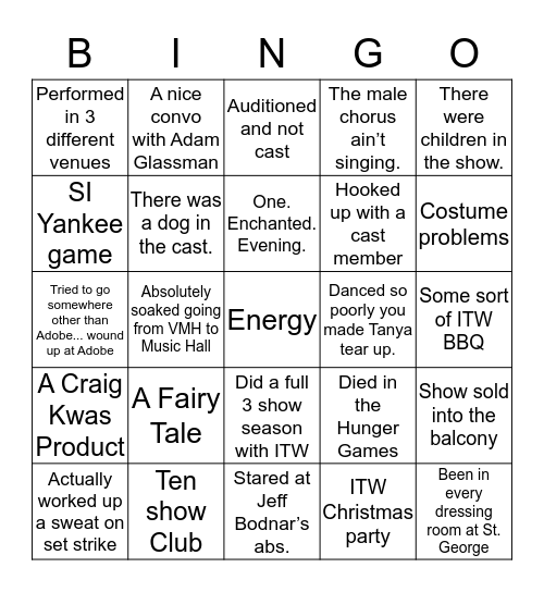 In the Wings Bingo Card