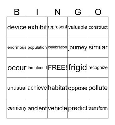 vocabulary Bingo Card