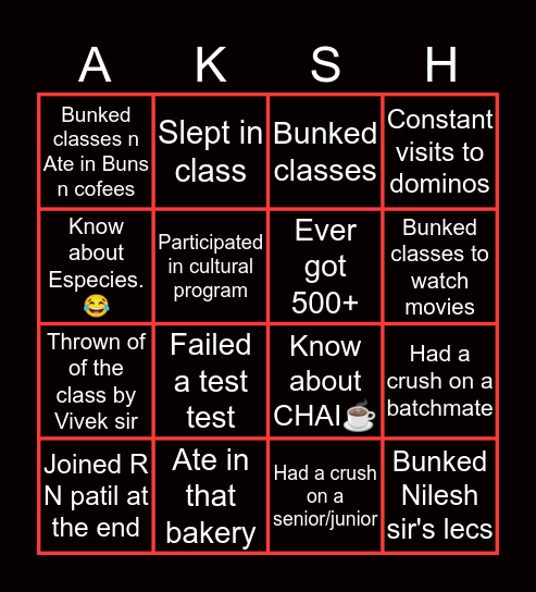 Aakashians Bingo Card