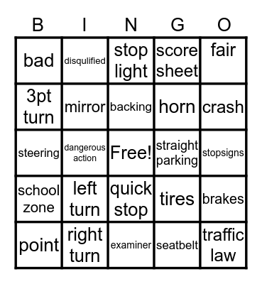 DRIVING TEST Bingo Card