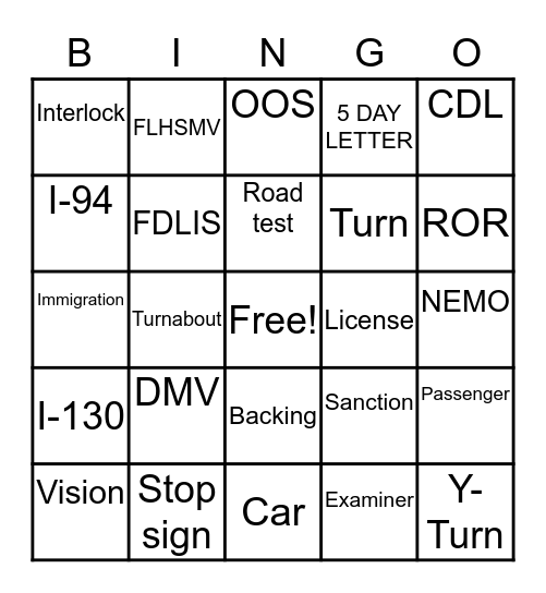 DMV BINGO Card