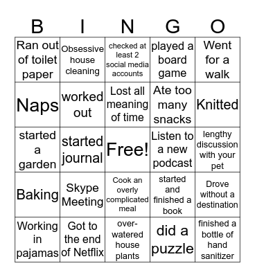 Quarantine Bingo Card