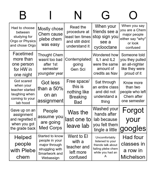 USNA Chem Bingo Card