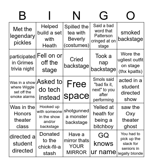 Oxy Theater Bingo Card