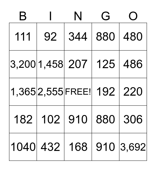 Multiplication Bingo Card