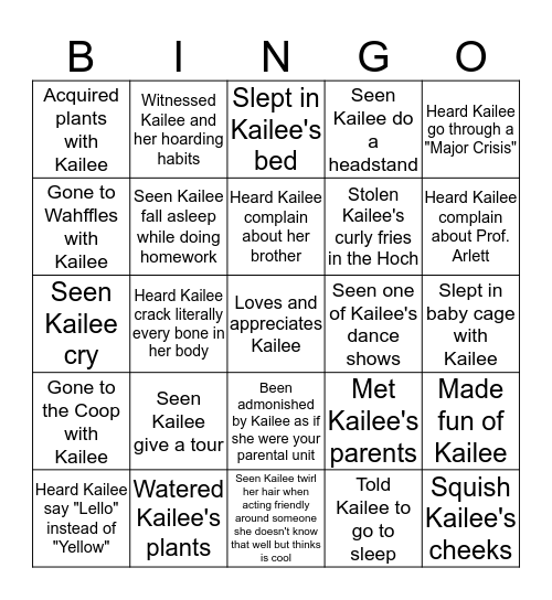 Kailee Bingo Card