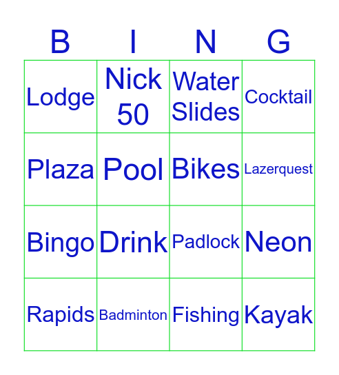 Centre Parcs 2020 Bingo Card