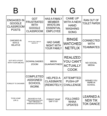 QUARANTINE BINGO 2020 Bingo Card