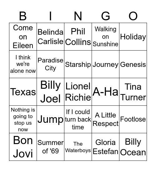 All out 80's Bingo Card