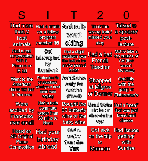 SIT Switzerland 2020 Bingo Card