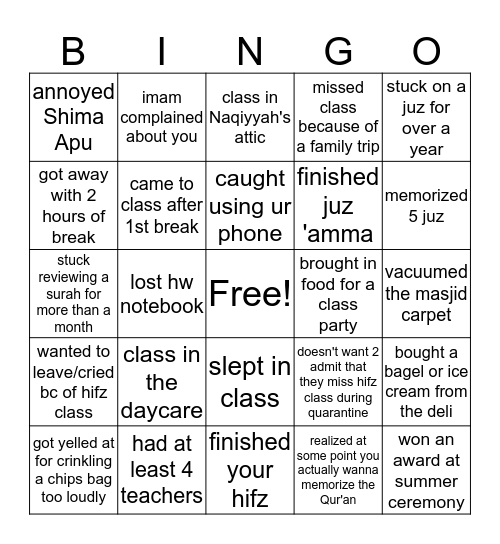 Hifz Class Bingo Card
