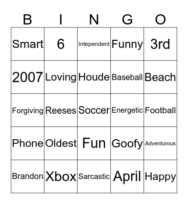 Mom's Description of the Birthday Boy Bingo Card