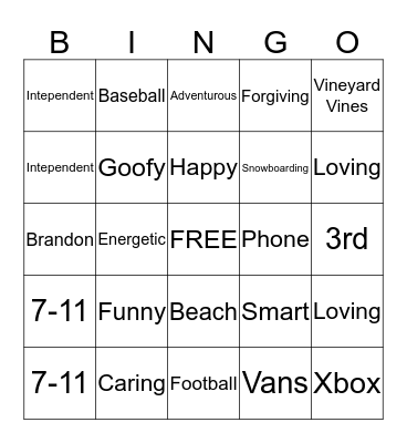 Mom's Description of the Birthday Boy Bingo Card