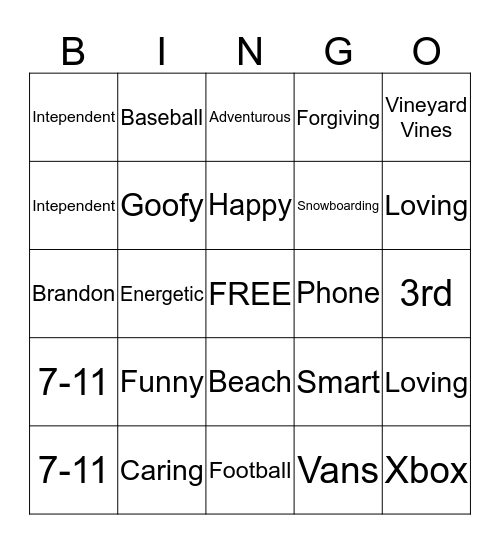 Mom's Description of the Birthday Boy Bingo Card