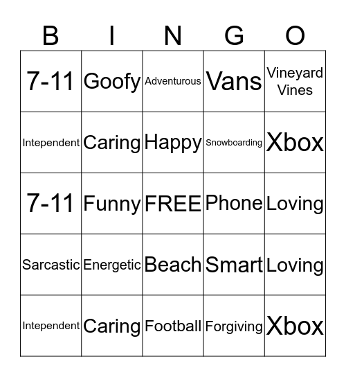 Mom's Description of the Birthday Boy Bingo Card