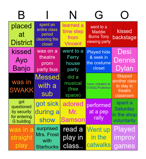 ERHS Theatre Bingo Card