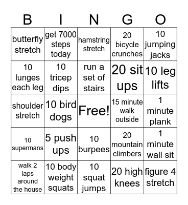 Physical Activity Bingo Card