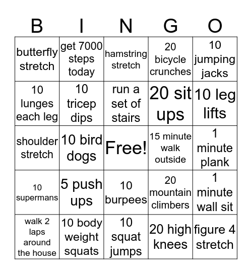 Physical Activity Bingo Card