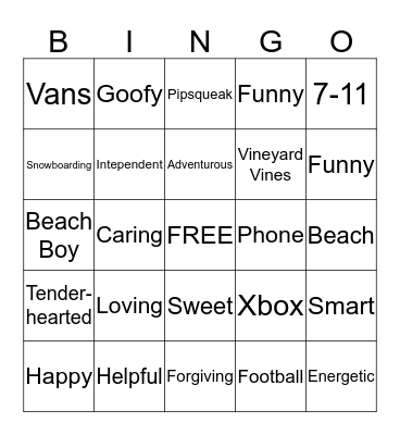 Shell's Description of the Birthday Boy Bingo Card