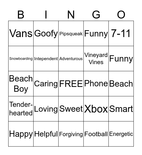 Shell's Description of the Birthday Boy Bingo Card