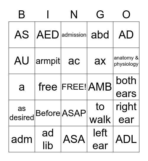 Abbreviations Letter"A" Bingo Card