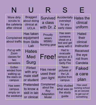 MSMU Nursing Bingo Card