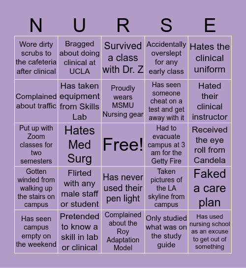MSMU Nursing Bingo Card