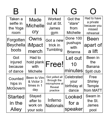 iMpact Dance Project Bingo Card
