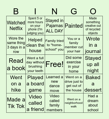 Quarantine Bingo Card