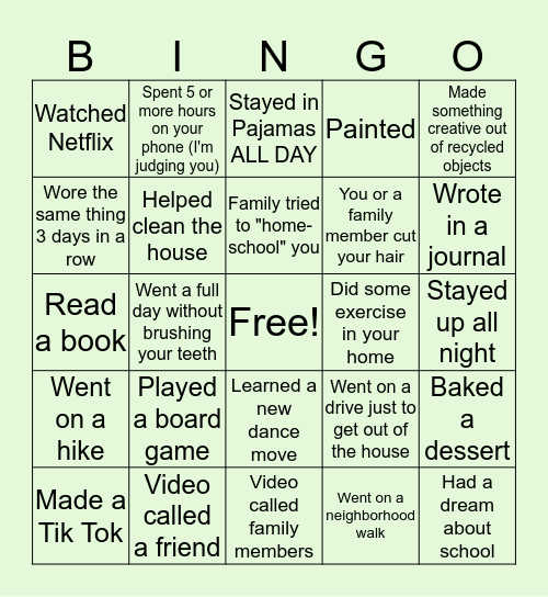 Quarantine Bingo Card