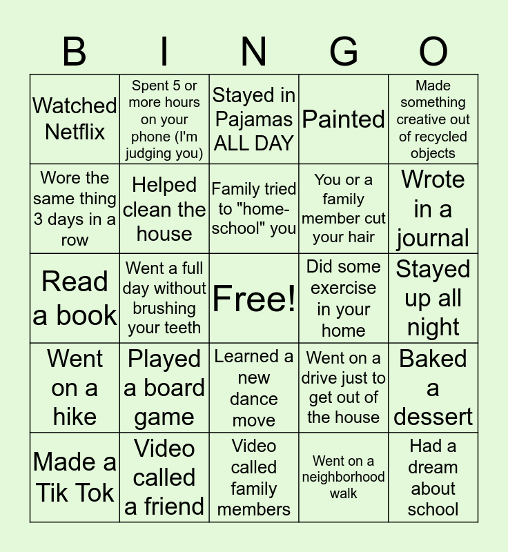 Quarantine Bingo Card