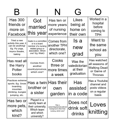 Toronto Public Health Discovery Bingo: Find Someone who... Bingo Card