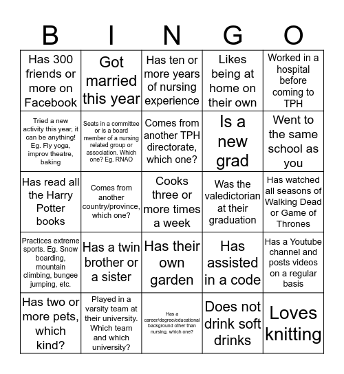 Toronto Public Health Discovery Bingo: Find Someone who... Bingo Card