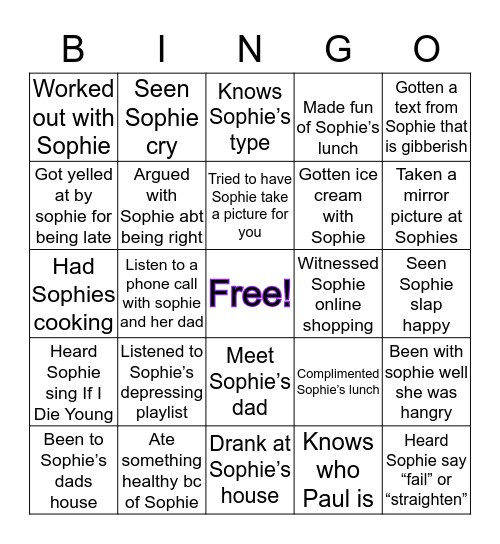 Sophie’s Bingo Card