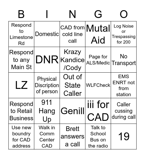 Dispatcher Bingo 8/15/14 - 9/15/14 Bingo Card