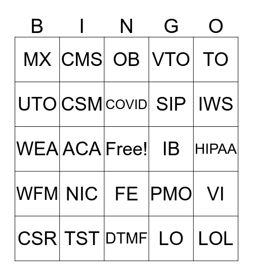 Stratus Video Acronym Bingo Card
