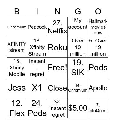 XFINITY SALES BINGO Card