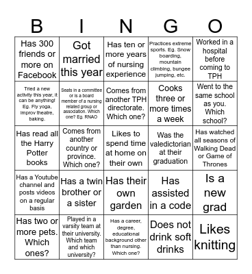 Toronto Public Health Discovery Bingo: Find Someone Who.... Bingo Card