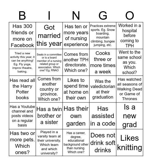 Toronto Public Health Discovery Bingo: Find Someone Who.... Bingo Card