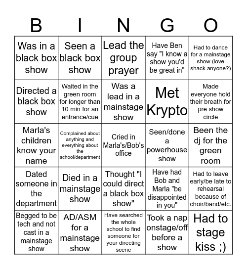 Waldorf theatre Bingo Card